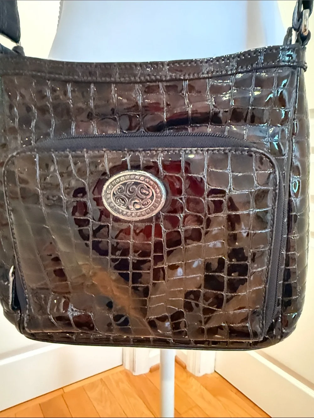 Brighton Vintage chocolate brown glossy Croc-Embossed Leather Messenger Bag